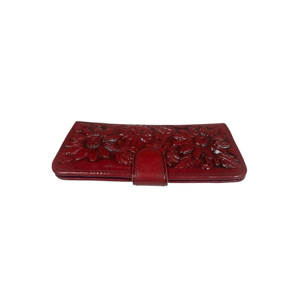 Vtg‎ Red Tooled Leather Sunflower Womens Embossed Clutch Wallet Mexico 8" x 4" - Picture 6 of 10